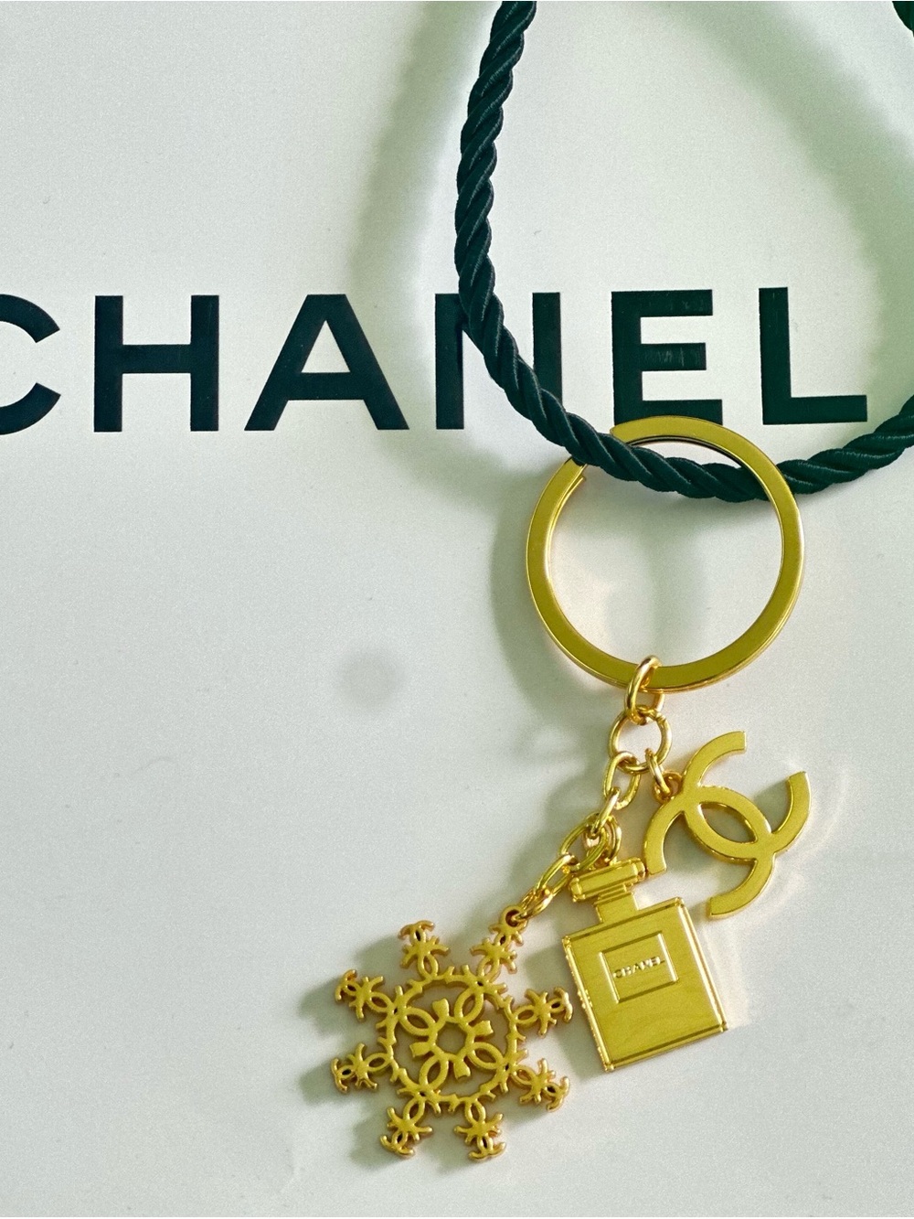 CHANEL Novelty Charm Gold Keychain and  White Gift Box with FREE Gift Bag